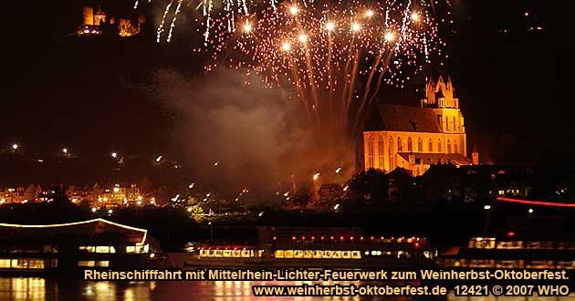 Rheinschifffahrt zum Mittelrhein-Lichter Feuerwerk beim Goldenen Weinherbst und Federweienfest